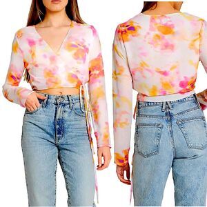 NWT WAYF Jess Long Sleeve Surplice V-Neck Wrap Crop Top in Ivory Tie Dye Large